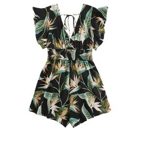 Black Tropical Print Flutter-Sleeve Romper